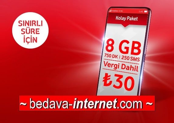Vodafone 8 Gb ve 750 Dakika Kolay Paket 30 TL