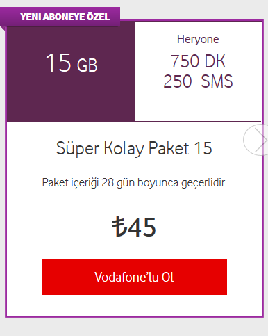 Vodafone 8 Gb Ve 750 Dakika Kolay Paket 30 Tl Bedava Internet
